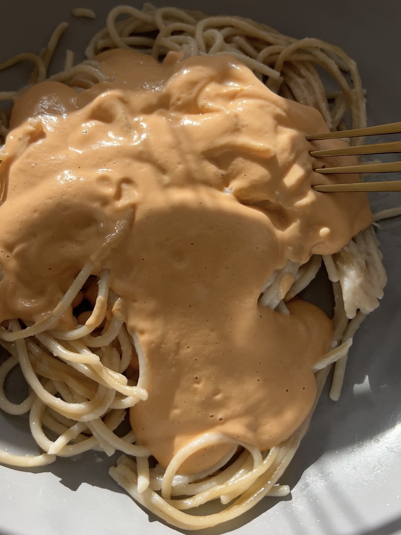 Noodles in a grey bowl with roasted tomato garlic sauce on top. 