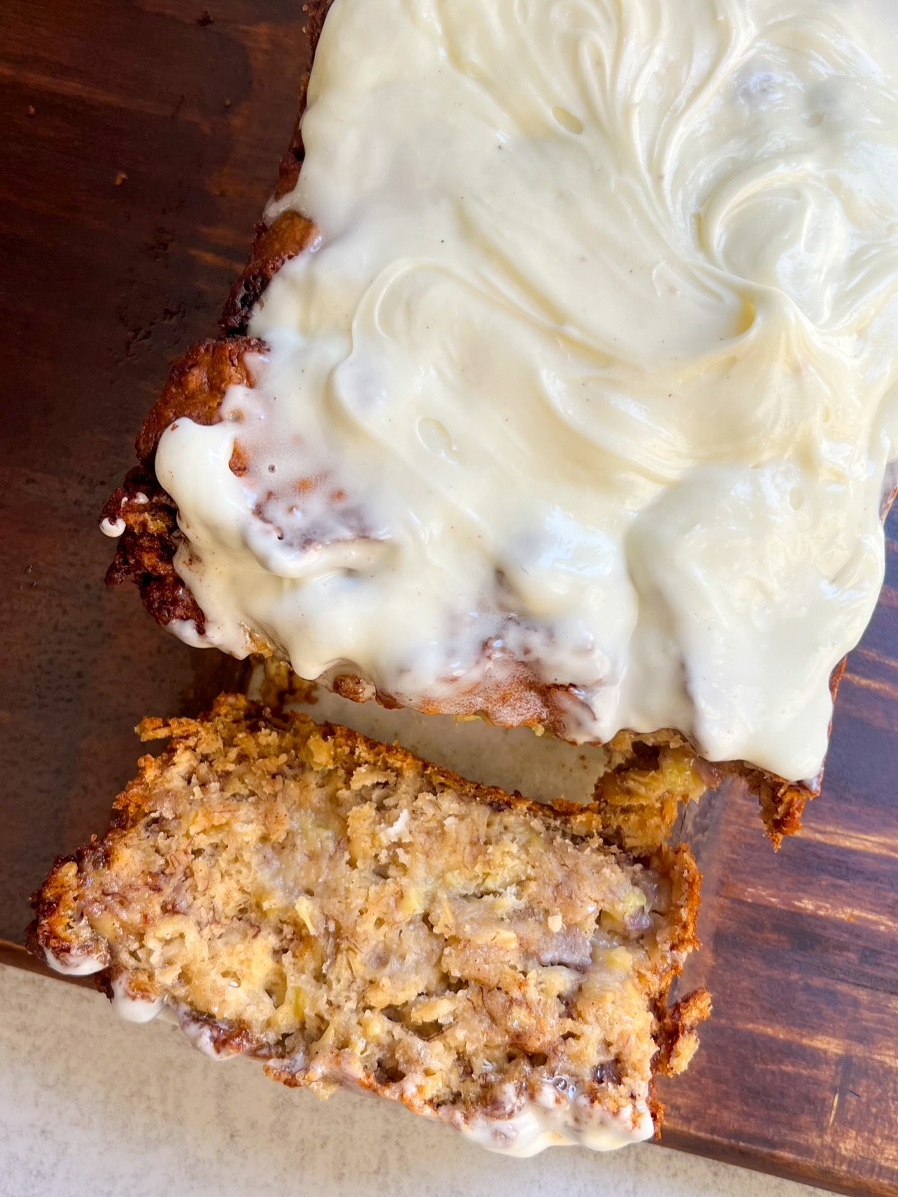 overhead shot of the sliced cinnamon roll banana bread