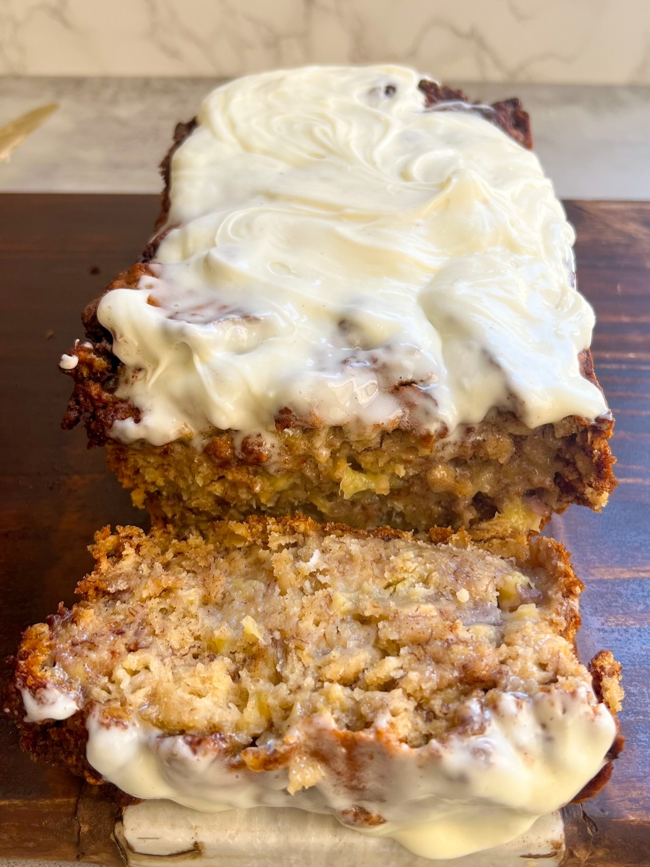 close up of the sliced cinnamon roll banana bread