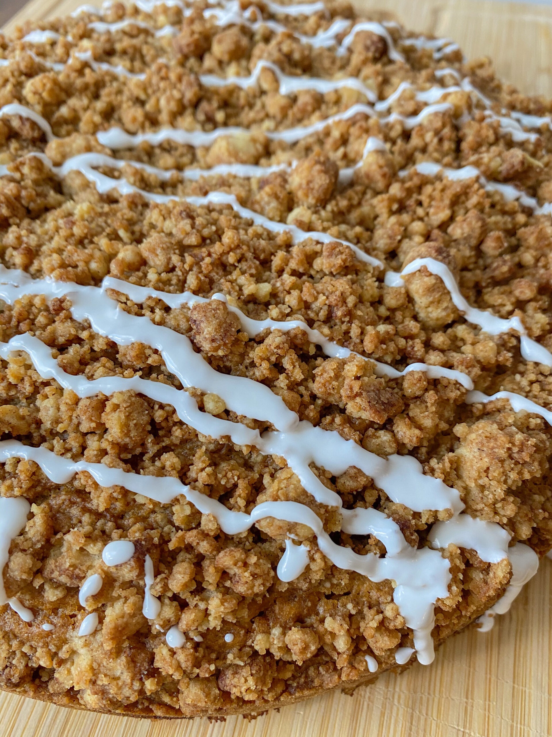 close up of the unsliced vegan coffee cake
