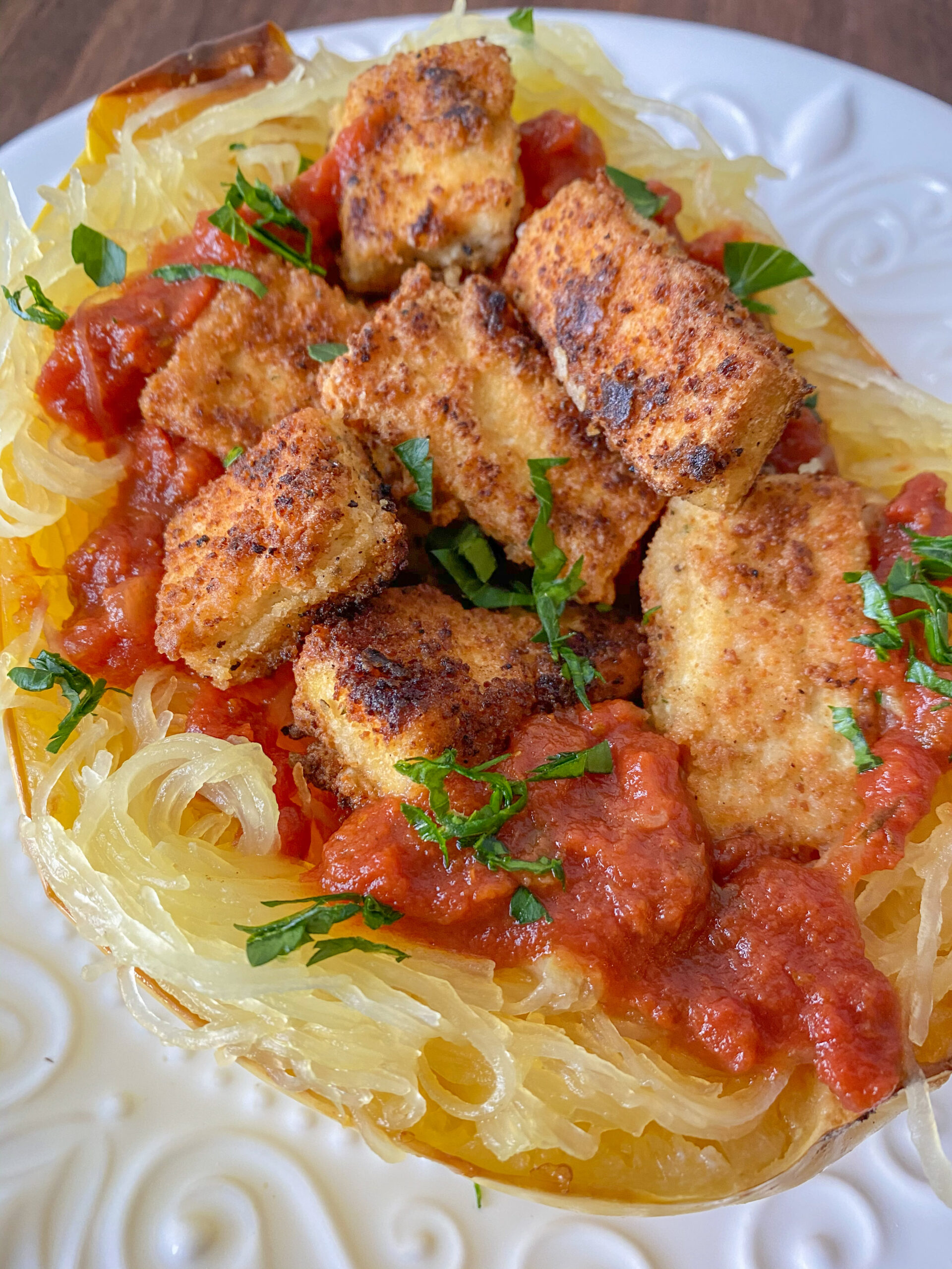 Easy Spaghetti Squash Vegan Tofu Parmesan