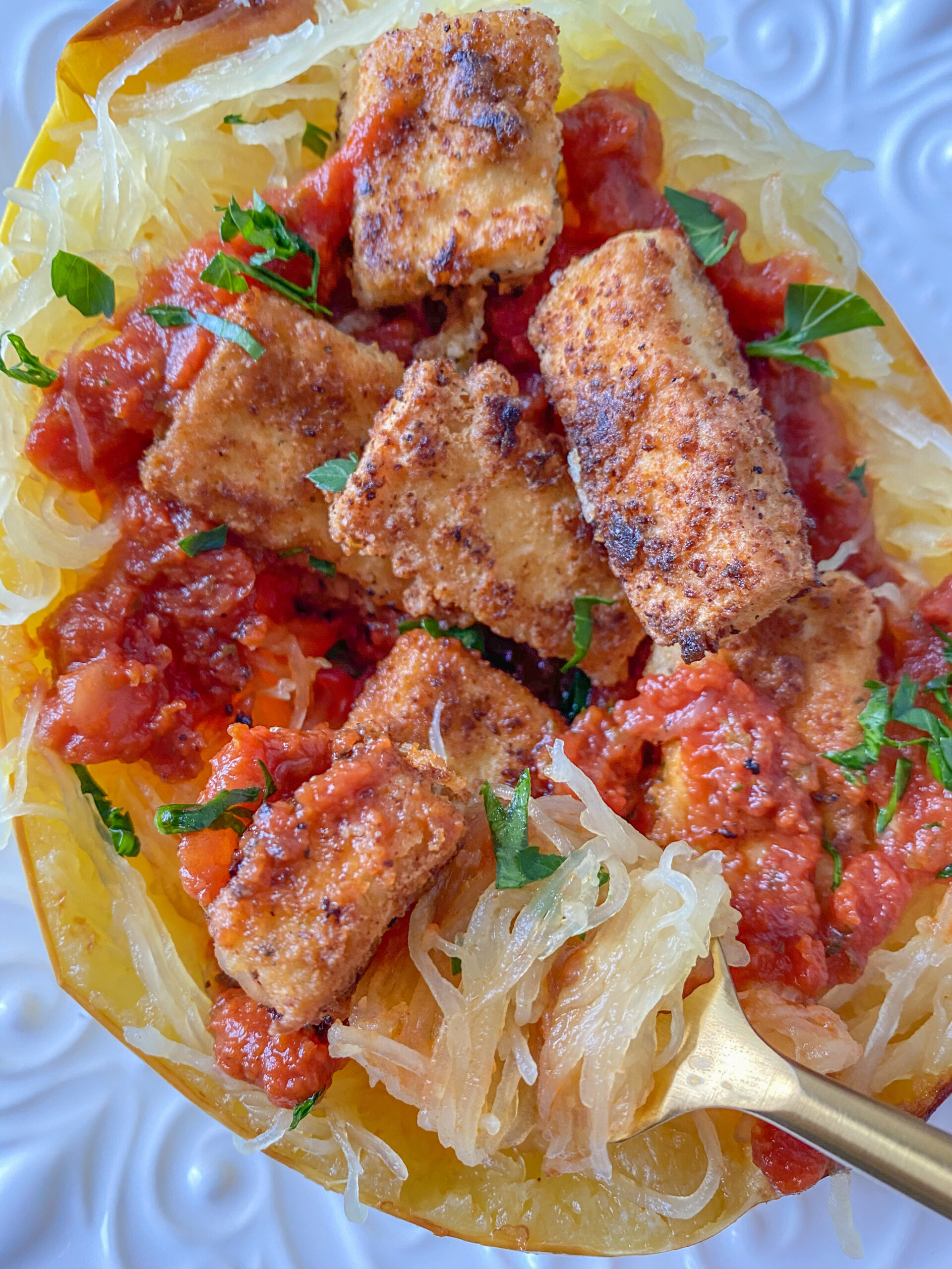 Easy Spaghetti Squash Vegan Tofu Parmesan