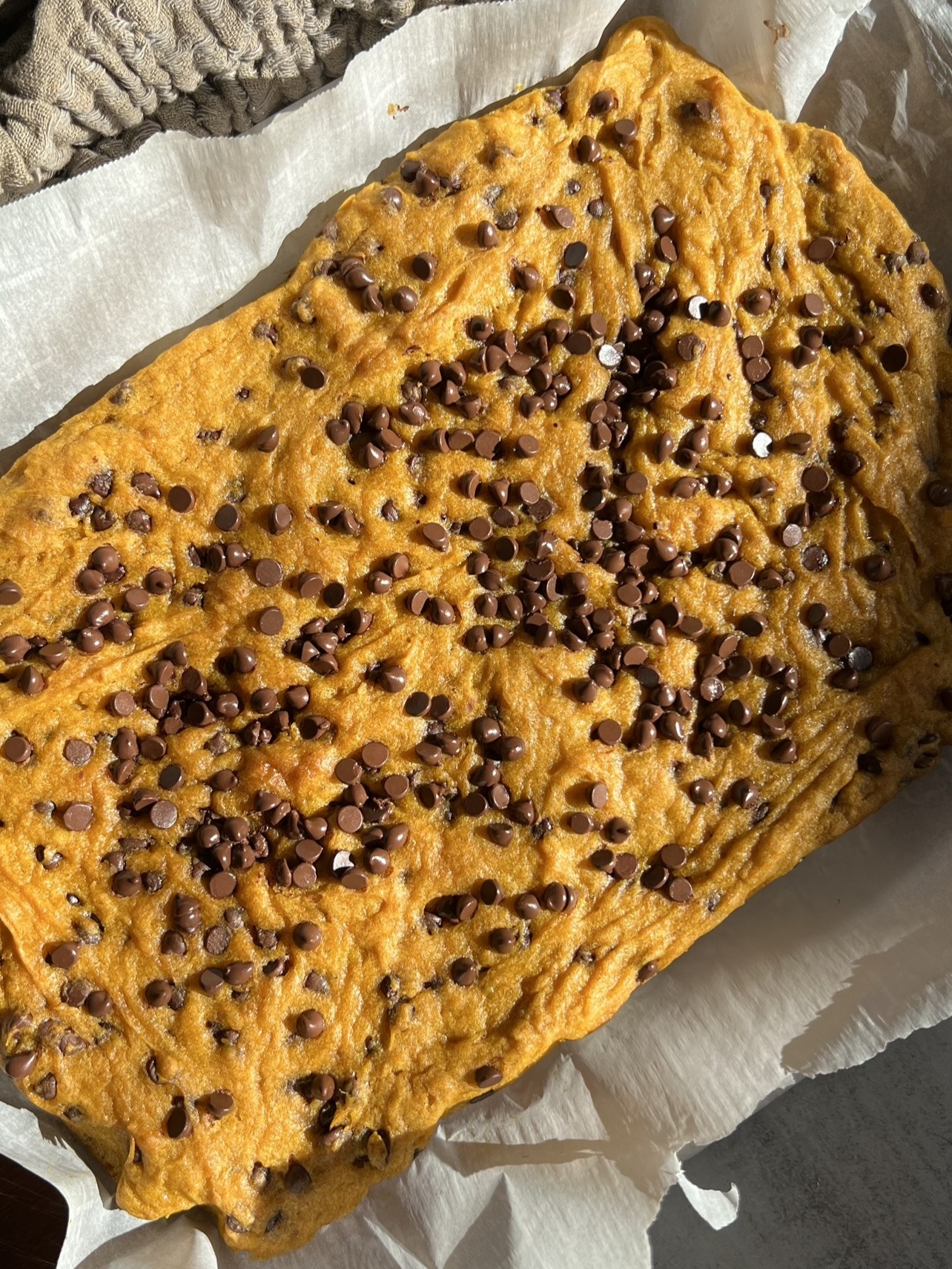 freshly baked and uncut pumpkin bars
