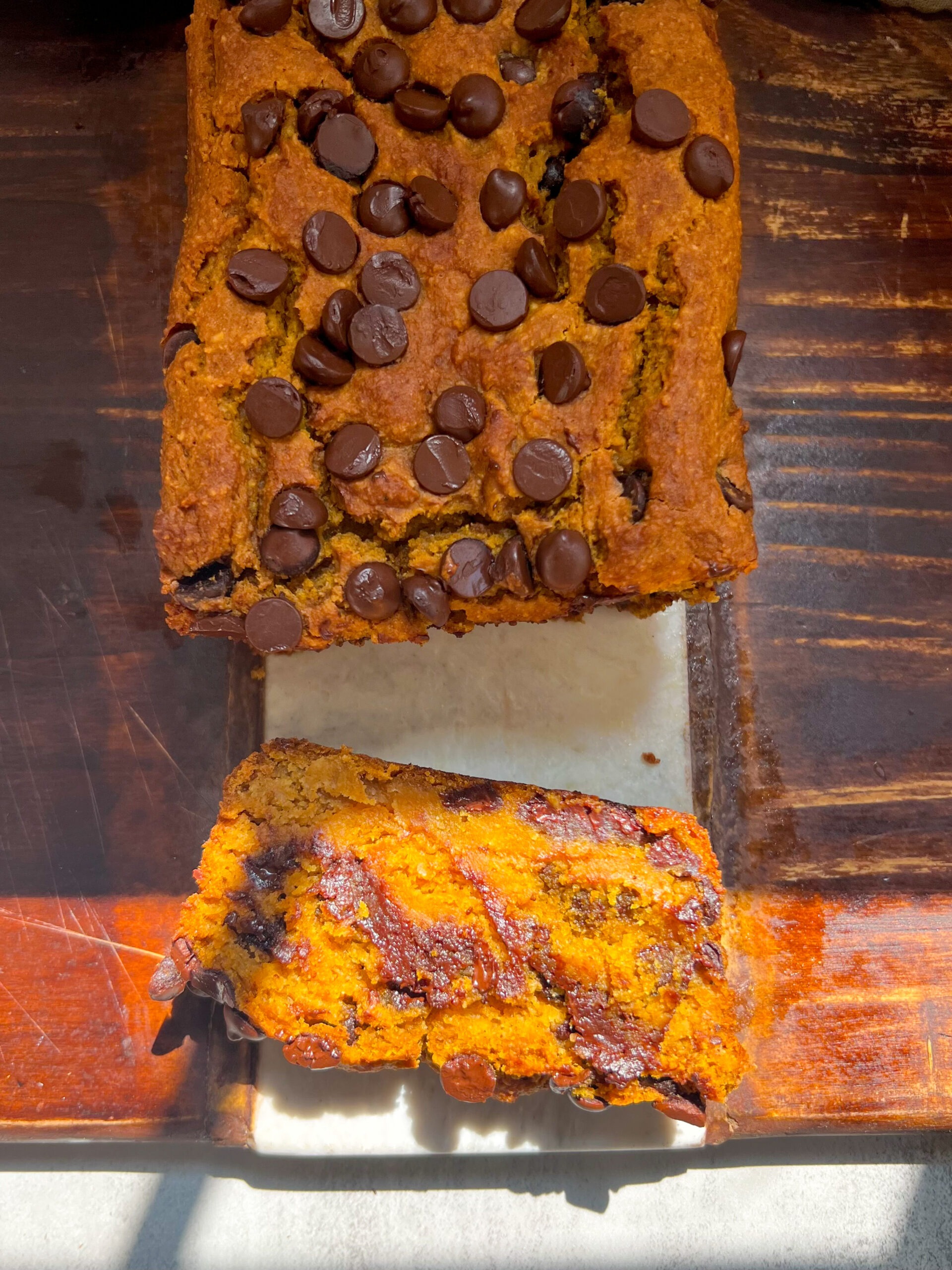 peanut butter pumpkin bread ovehead sliced