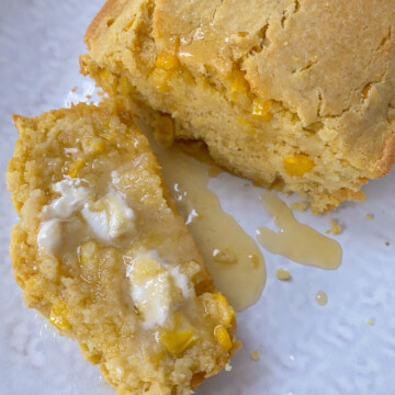 Vegan Cornbread served with butter and honey.