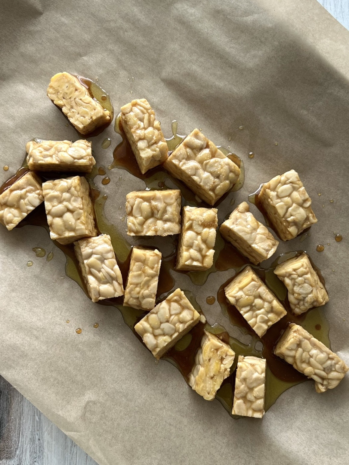 Tempeh on a baking sheet. 