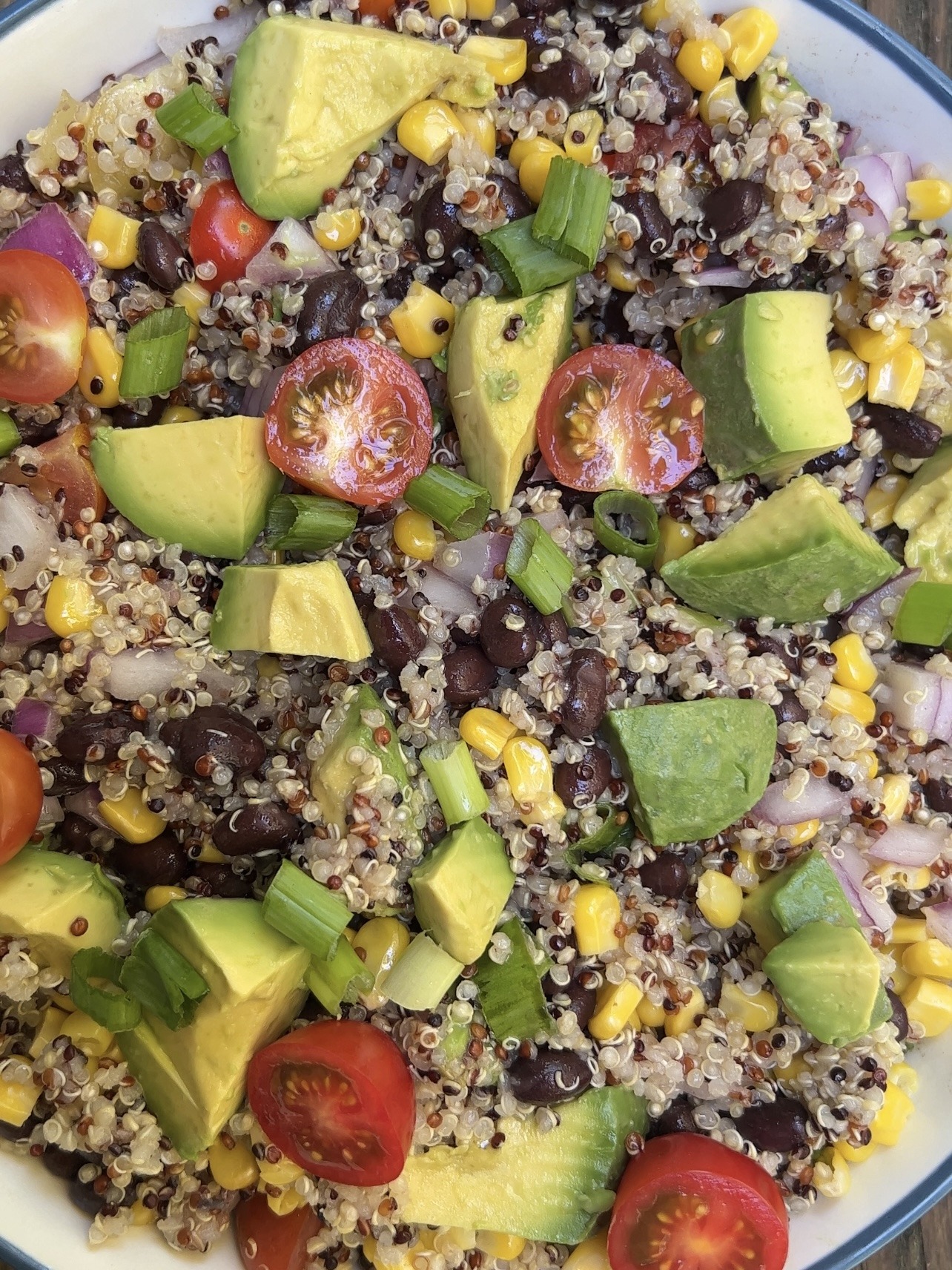 Up close shot of Southwestern quinoa and black bean salad in a bowl. 